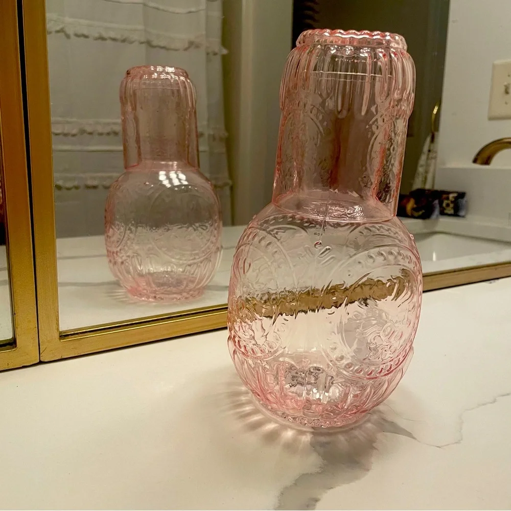 Embossed Bedside Water Carafe Glass Set  Pink